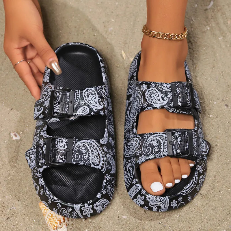 Women's thick sole EVA slippers in leopard print design for bathroom and beach use.