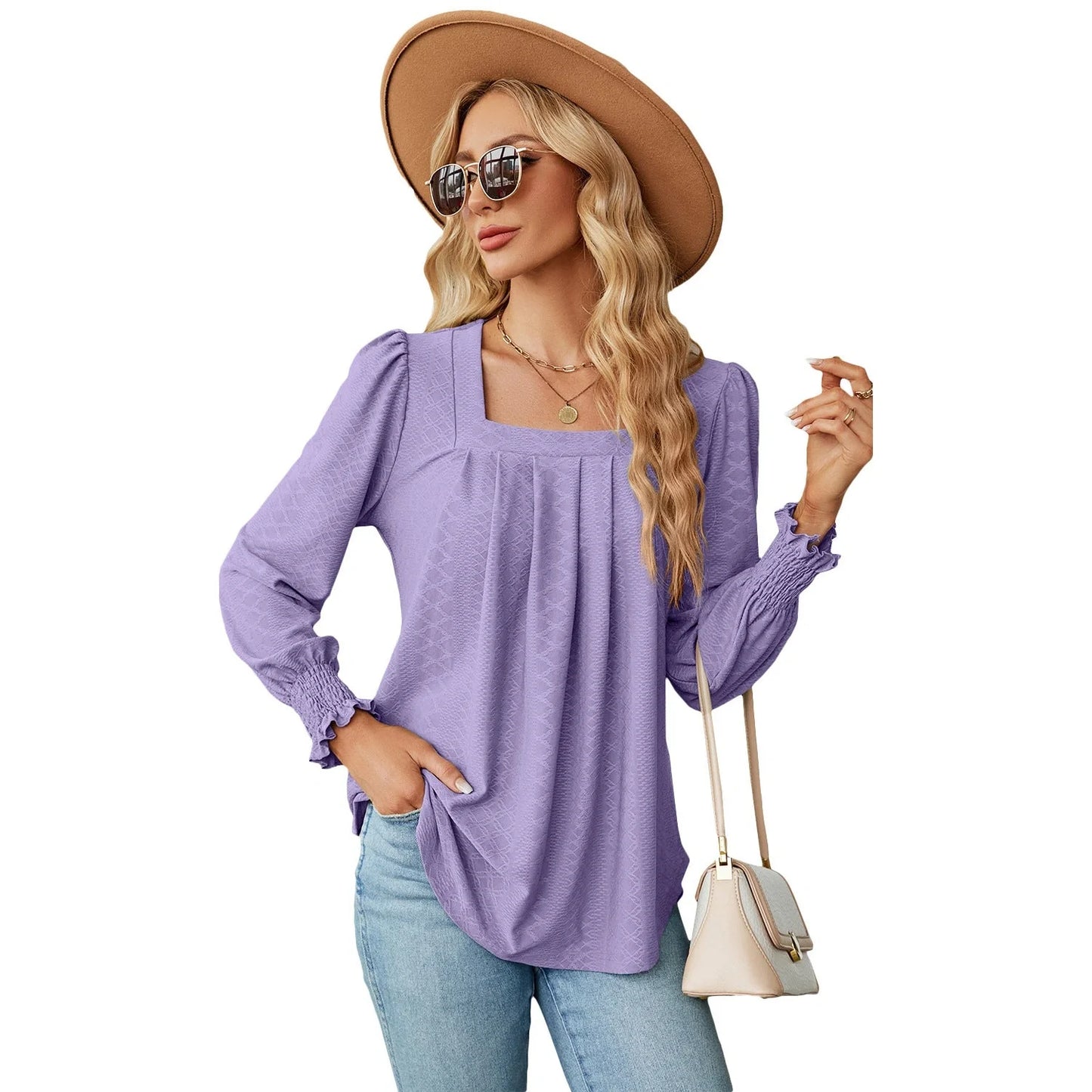 Elegant Jacquard Pleated Top in a variety of chic colours, featuring a unique pattern and flattering square neckline