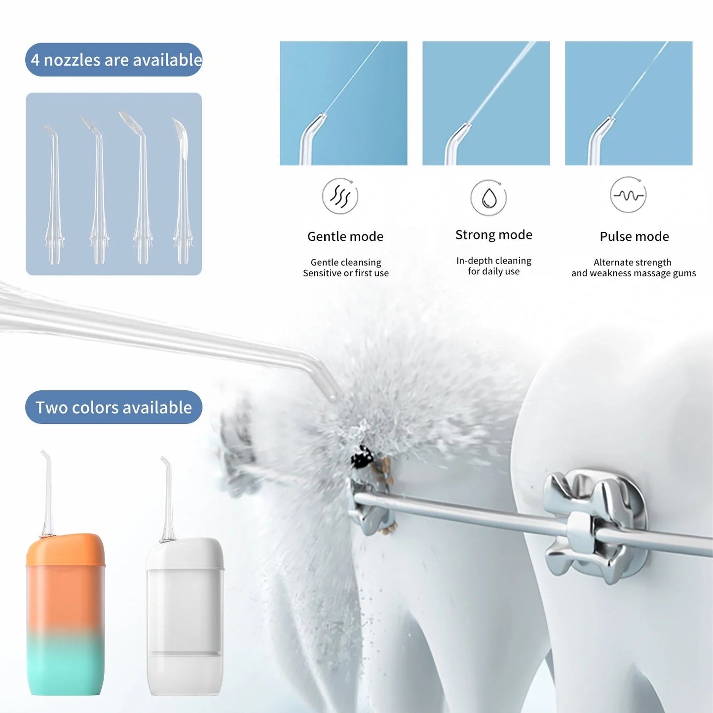 Portable electric oral irrigator with multiple nozzles for deep cleaning