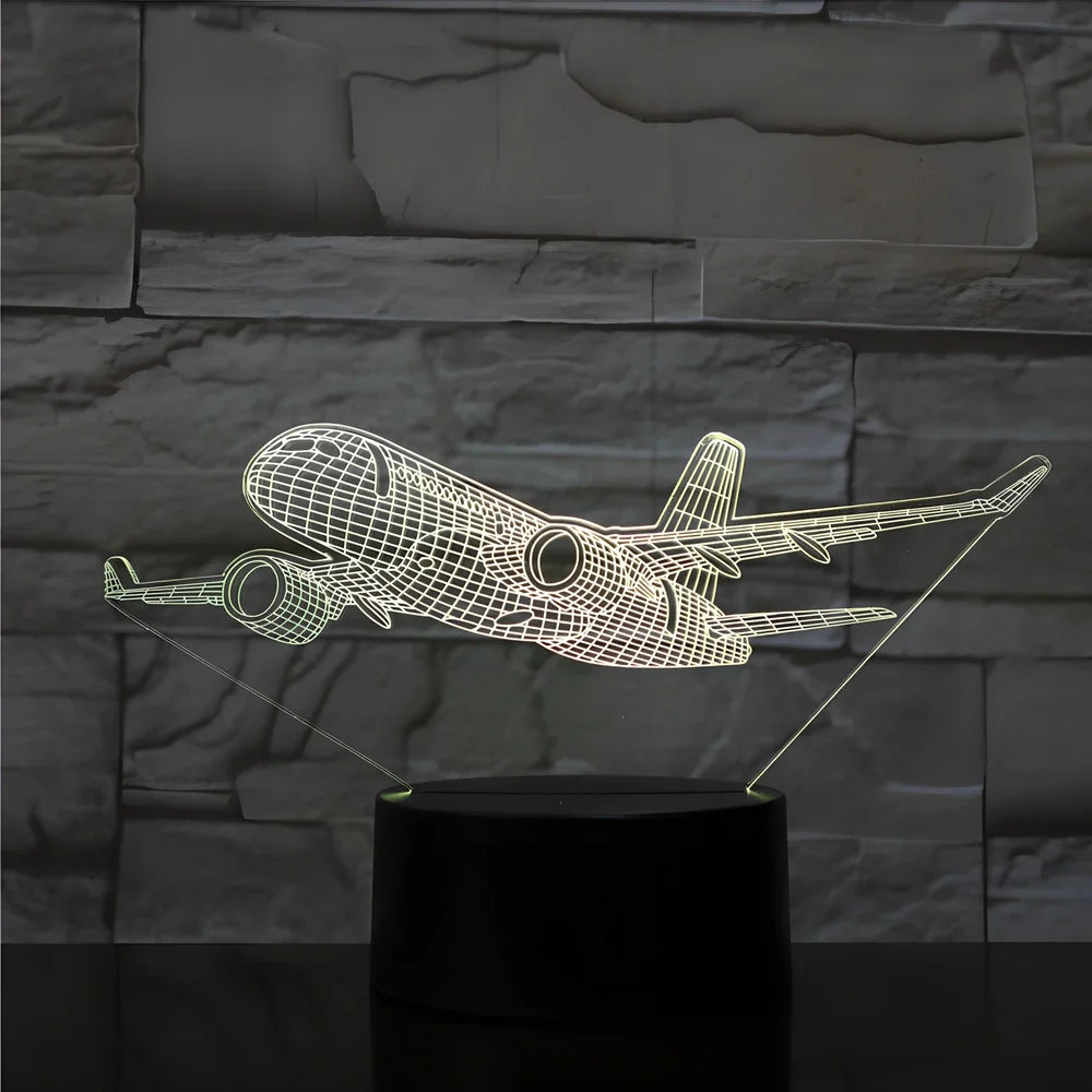 Custom 3D aeroplane hologram night light with personalised name, showing optical acrylic panel and ABS base