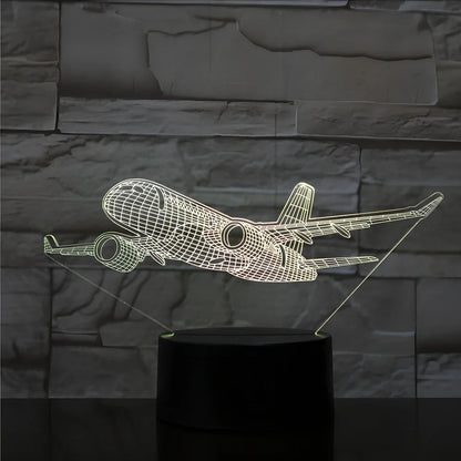 Custom 3D aeroplane hologram night light with personalised name, showing optical acrylic panel and ABS base