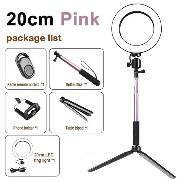 Adjustable tripod and ring light set with accessories for Apple device photography and videography