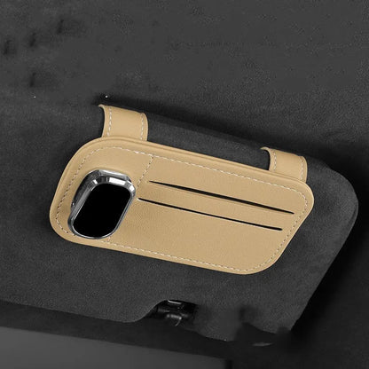 Leather car sun visor card holder with glasses clip in various colours