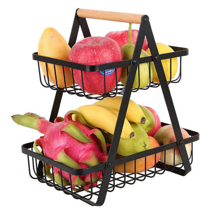 Black iron double-layer fruit basket with a wooden handle, shown detached and assembled.