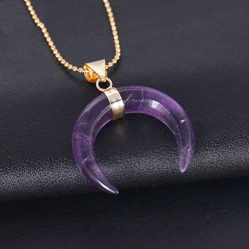 Natural stone moon pendant necklace with electroplated copper chain in pink or purple colour options
