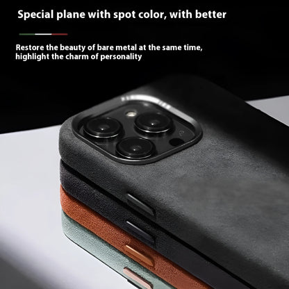 Alcantara suede magnetic phone case for Apple iPhone in black, showing frosted finish and anti-fall design.