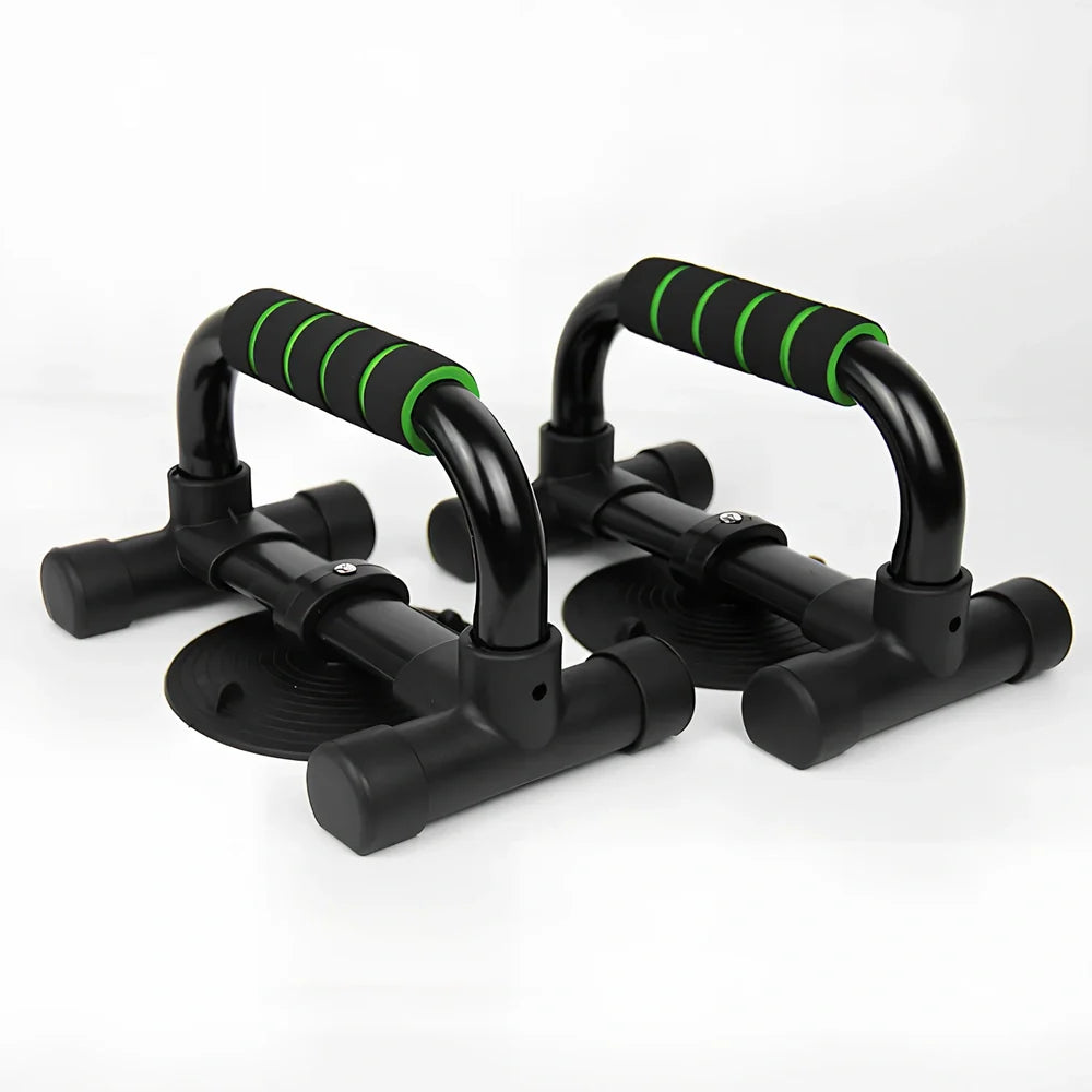 Green suction cup push-up bracket with electroplated steel frame and foam grips, supporting 300kg for chest training on floors