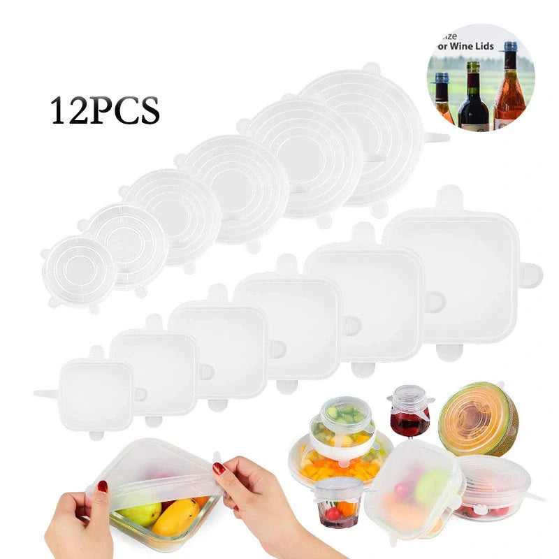 6-piece stretch silicone cookware covers set in vibrant colours, perfect for keeping food fresh