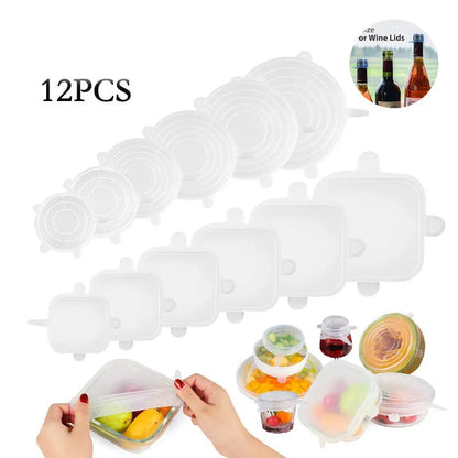 Set of six flexible silicone pot lids in assorted sizes on a kitchen counter.