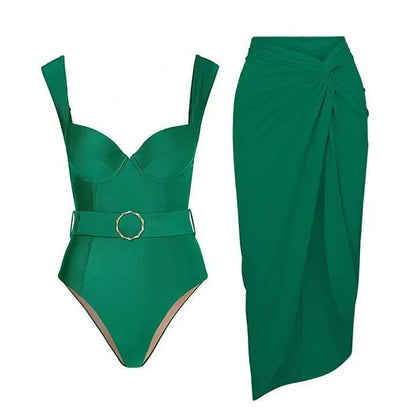 Women's polyester swimsuit with gauze skirt in double shoulder or oblique shoulder designs