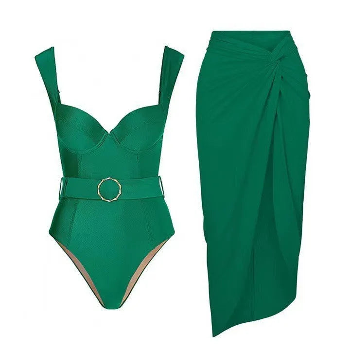Women's one-piece swimsuit with gauze skirt in sleeveless polyester, available in double shoulder or oblique shoulder designs and sizes S, M, L, XL, or free size for swimming and wading activities.