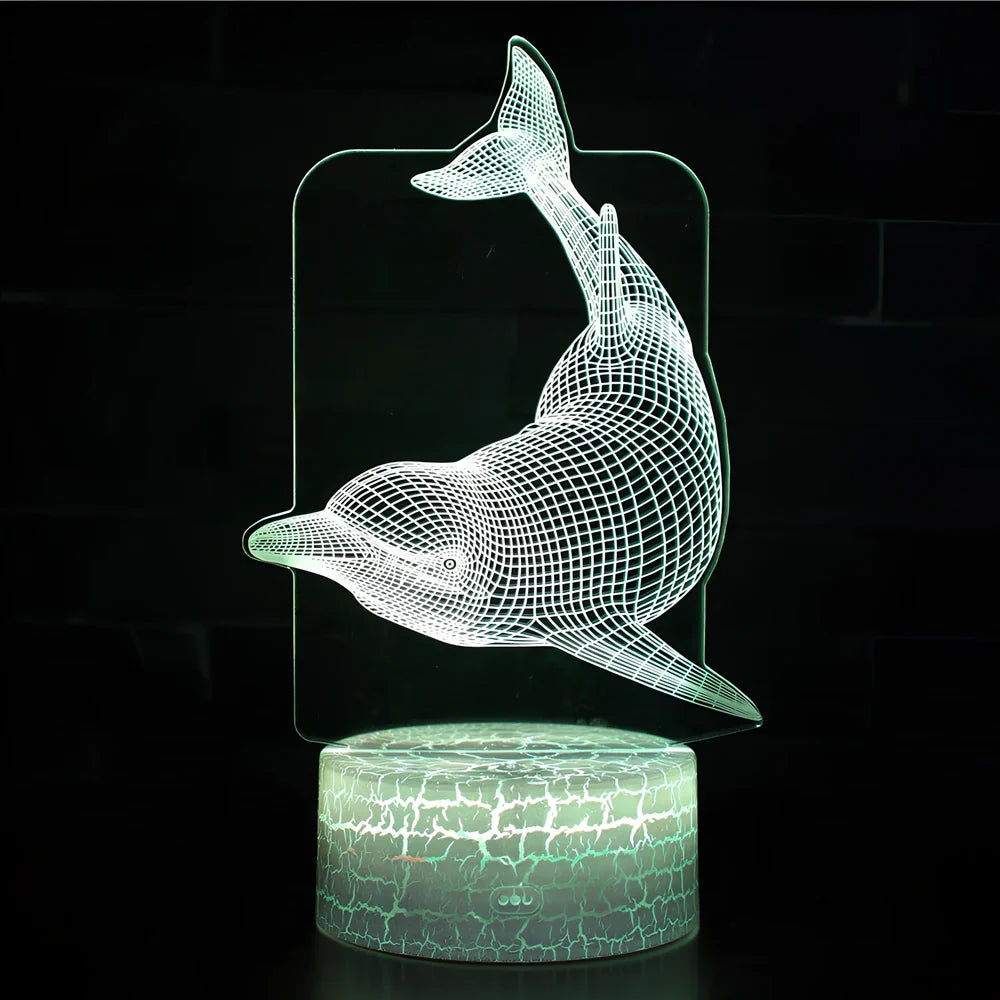 Dolphin-shaped night light with touch control, measuring 205mm by 120mm by 4mm with LED illumination