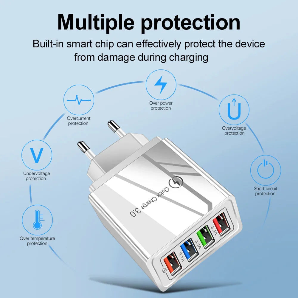 Four-port USB mobile phone charging head with luminous indicator in multiple colour options