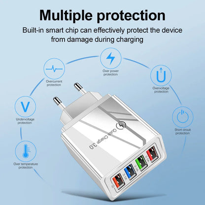 Four-port USB mobile phone charging head with luminous indicator in multiple colour options