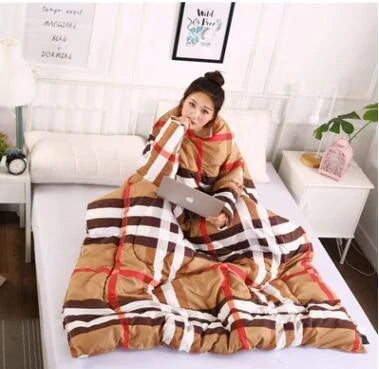 Cozy heated blanket with sleeves for comfortable lounging and hands-free relaxation