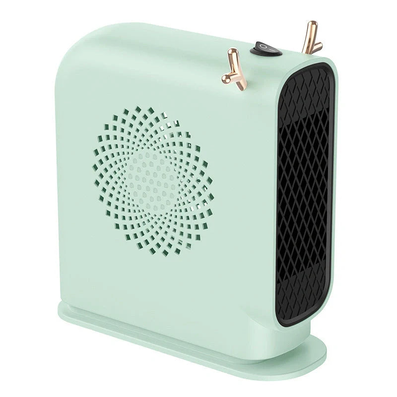 Compact desktop heater in white, green, and yellow for small space warming