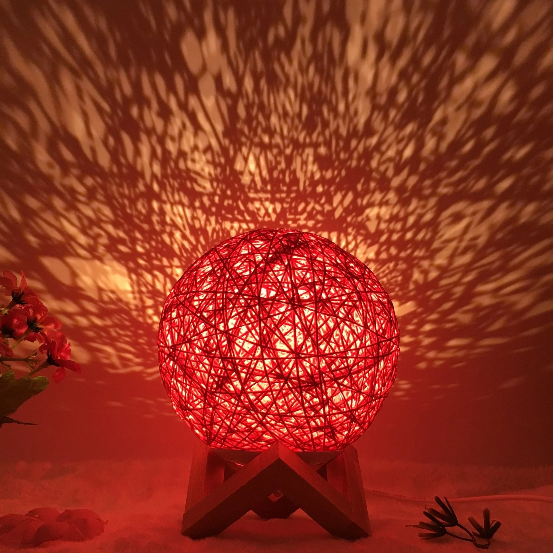 LED rattan table lamp with hand-knit linen shade in various colours