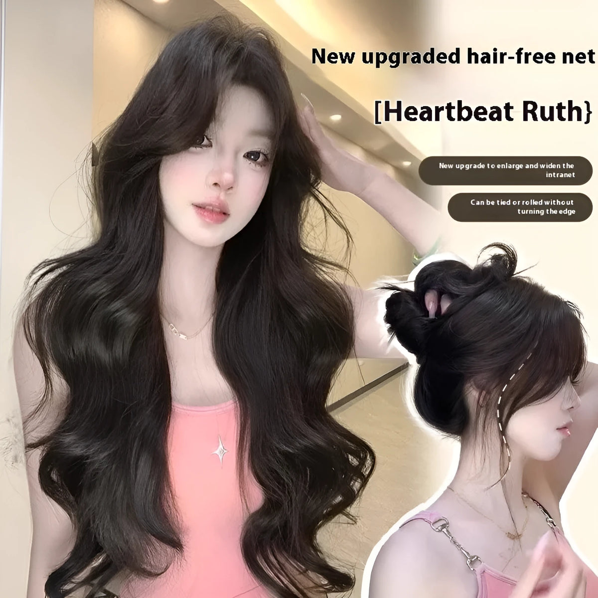 Natural black 65cm big wave wig with seamless ultra-thin edges on display