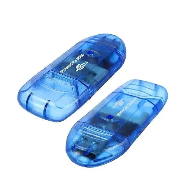 Transparent USB card reader with LED options, measuring 7.5x2.9x1.1 inches, includes card holder and bag