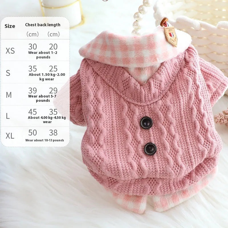 Blue wool plaid dog sweater with fleece lining showing fake two-piece design on model dog