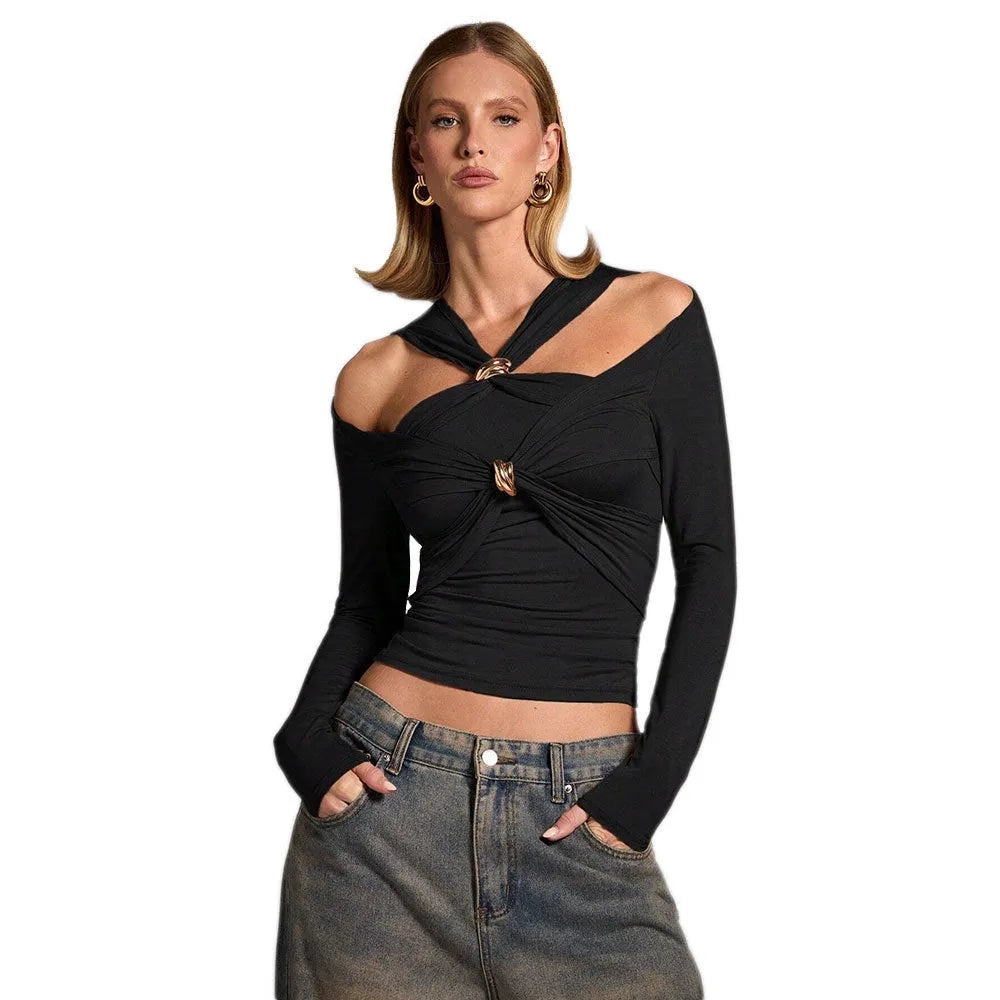Black women's halter top with strapless design and long sleeves showing slim fit silhouette