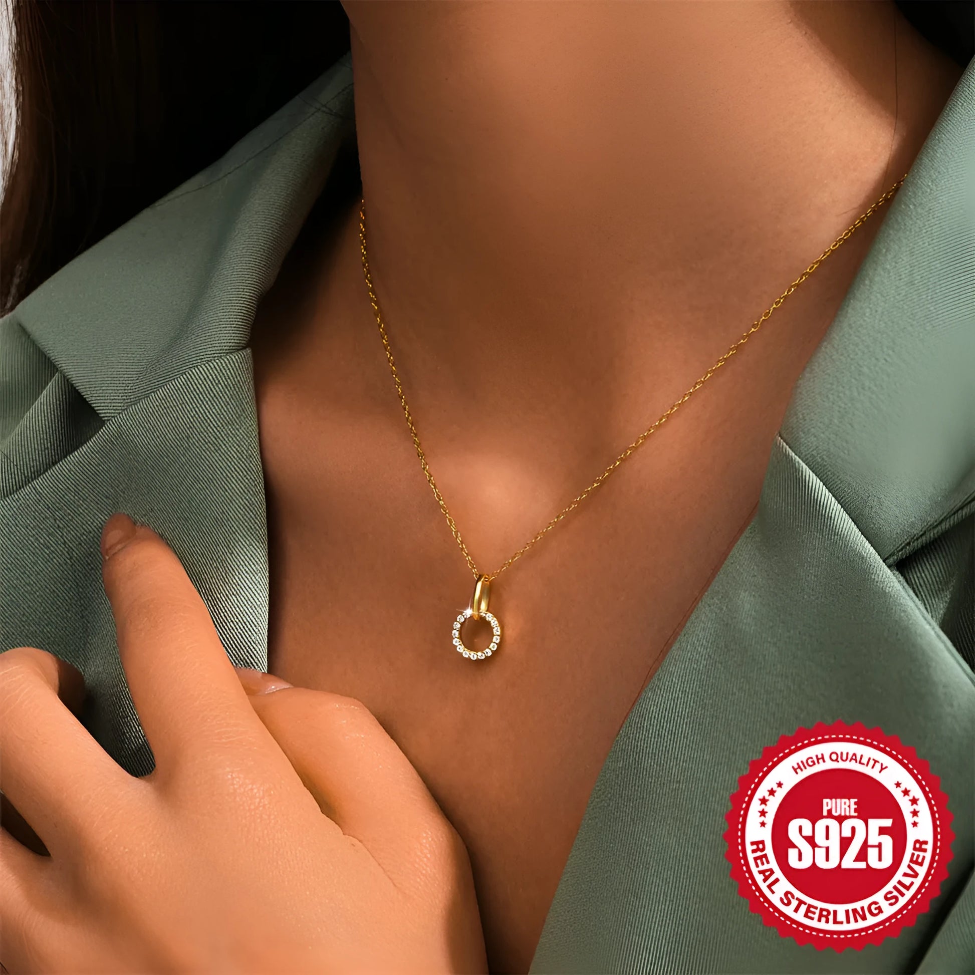 Gold colour sterling silver clavicle chain necklace with interlocking zircon pendant, adjustable 21-50cm length