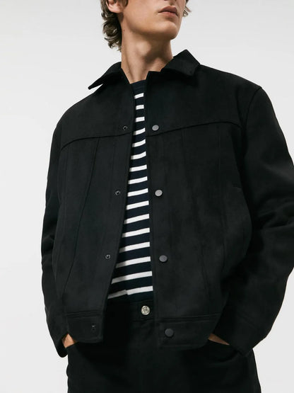 Black men's hooded jacket with a suede collar, loose long sleeves, and side seam pockets.