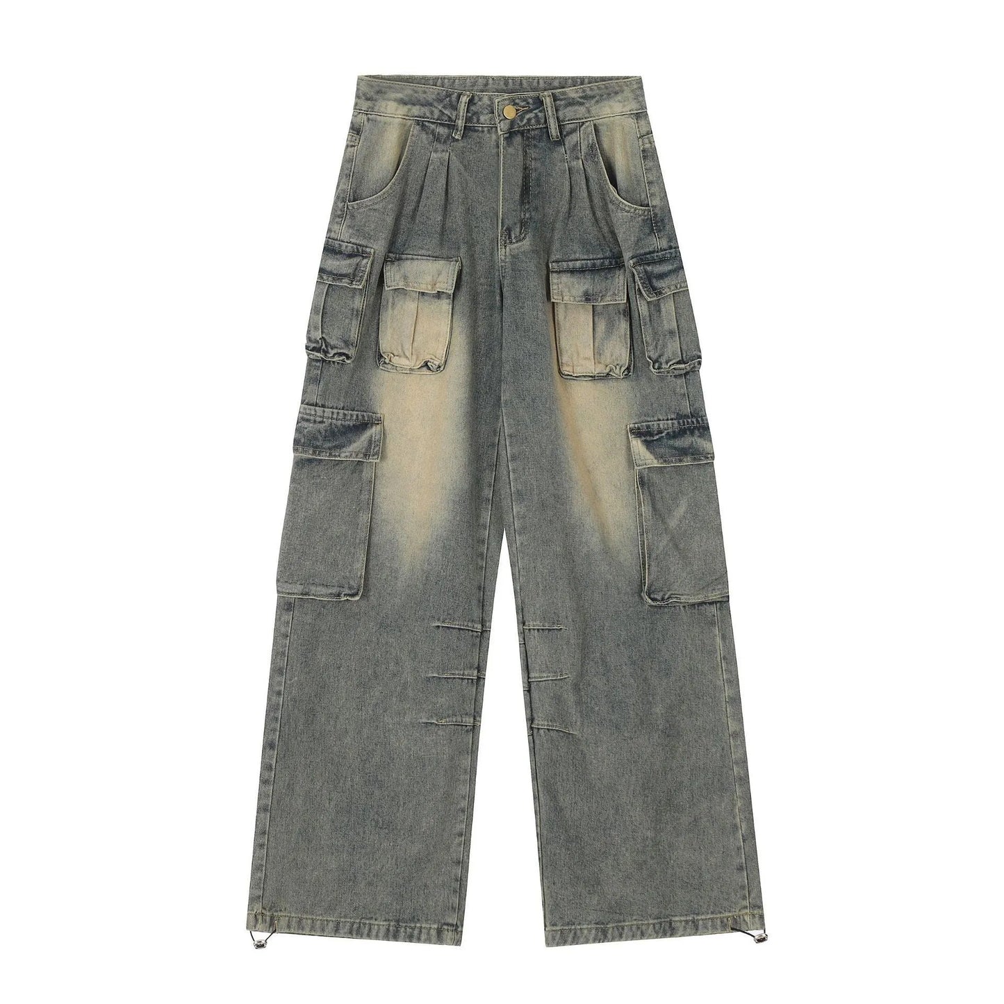 Men's loose straight-leg distressed jeans with multiple tooling pockets in light blue denim
