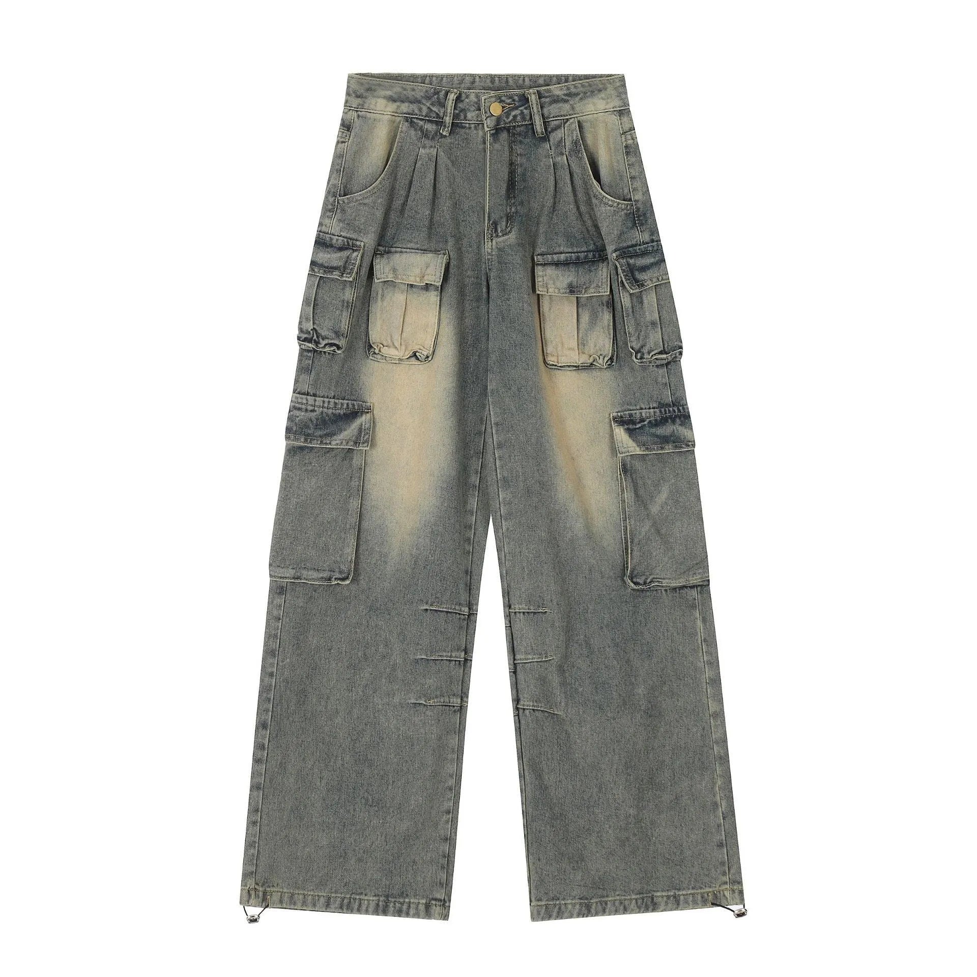 Men's loose straight-leg distressed jeans with multiple tooling pockets in light blue denim
