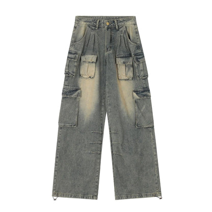 Men's loose straight-leg distressed jeans with multiple tooling pockets in light blue denim