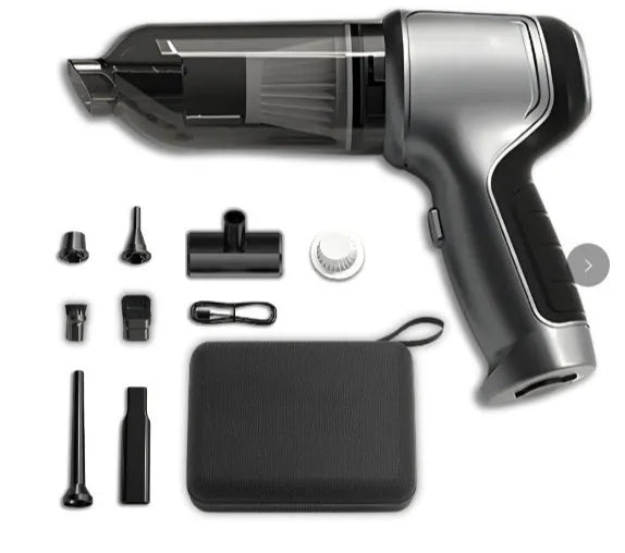 Car mounted brushless handheld inflatable vacuum cleaner with EVA bag on green background