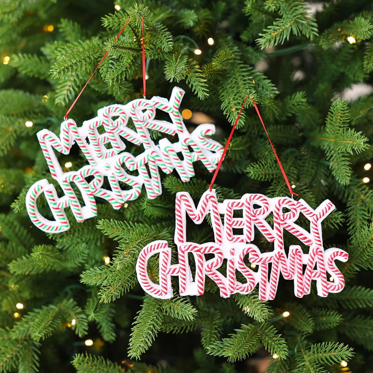 Christmas letter plate pendant ornament in red and white or red white green plastic for tree display