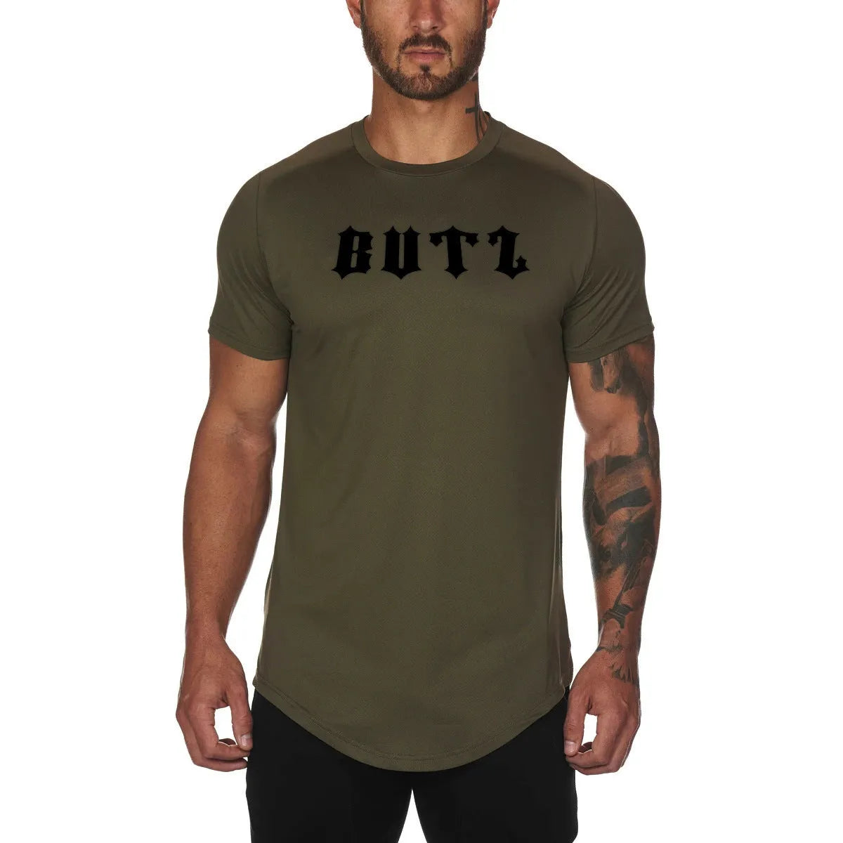 Men's plain grey gym shirt, blouse style, on a hanger showing relaxed fit and cotton-spandex fabric.