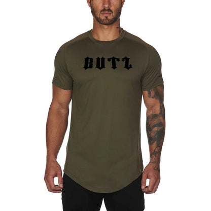 Men's plain grey gym shirt, blouse style, on a hanger showing relaxed fit and cotton-spandex fabric.