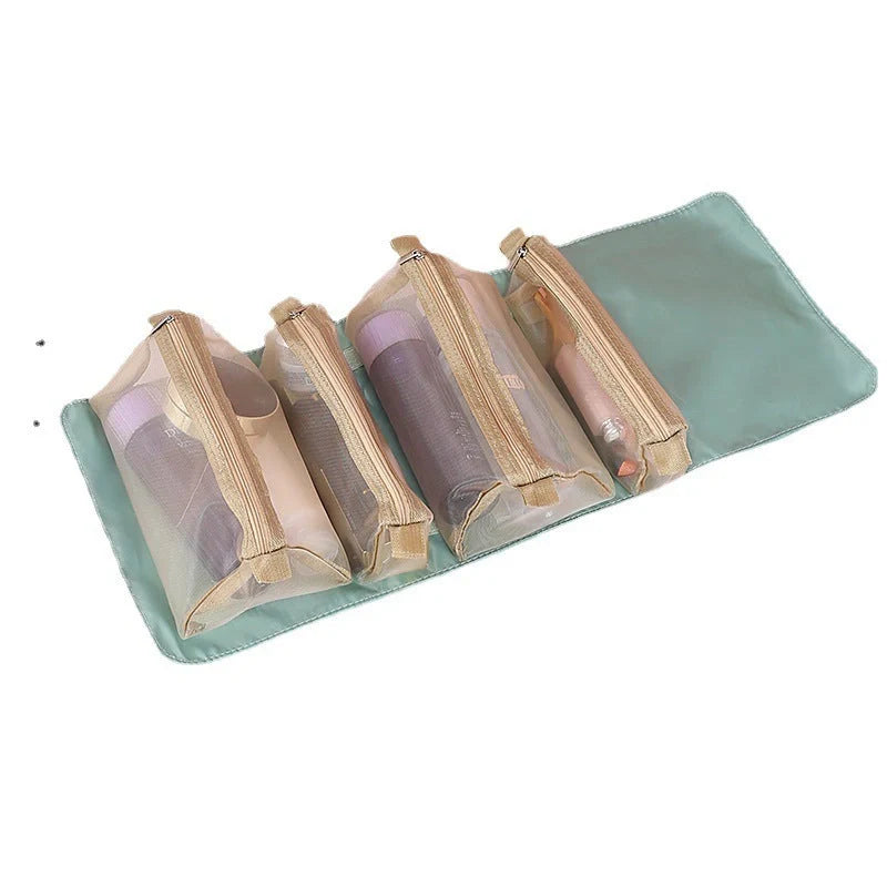 4-in-1 detachable cosmetic bag in green, pink, and black with waterproof oxford material