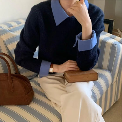 Women's loose fit knitwear top with contrast colour lapels in polyester fabric