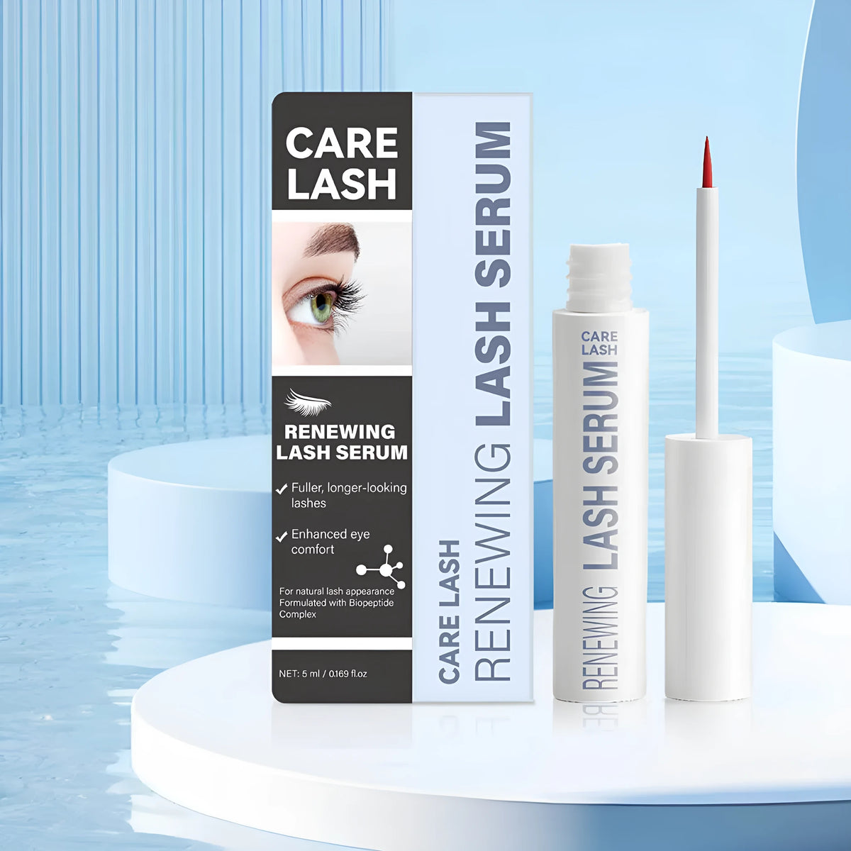 5ml eyelash regrowth serum bottle with neutral packaging showing FP-E015 specifications