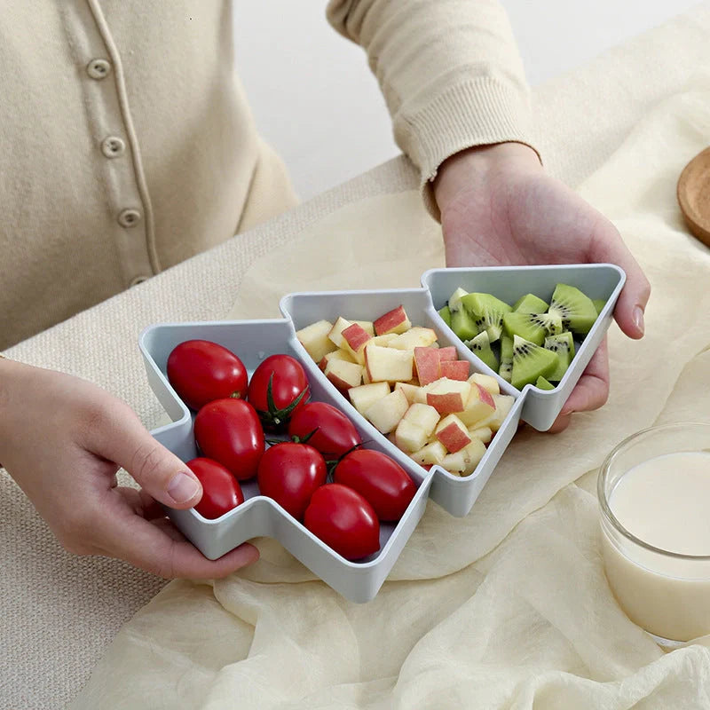 Christmas tree shaped plastic platter with divided sections for snacks and desserts