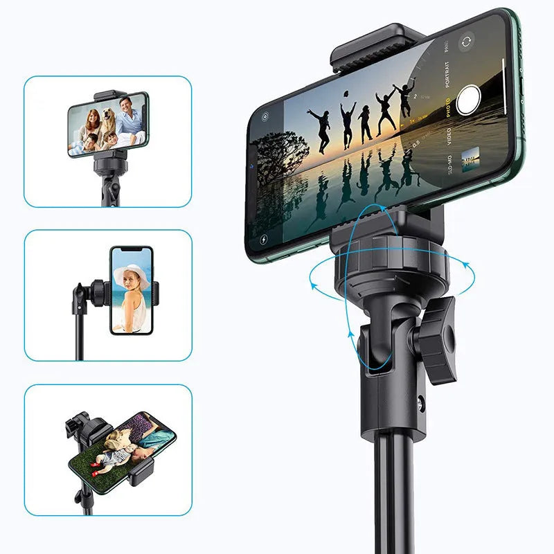 Black aluminium alloy selfie stick tripod compatible with iPhone smartphones