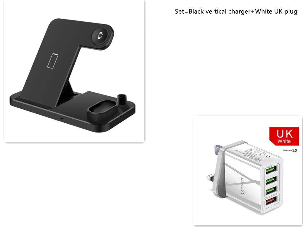 4-in-1 wireless charging station with adjustable magnetic stand charging phone, watch, earbuds, and stylus on a desk