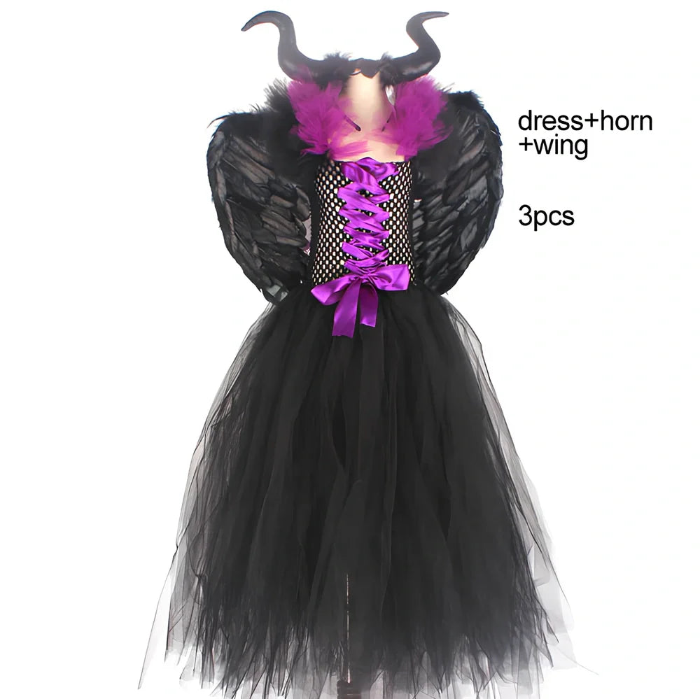 Halloween children's dress costume in sizes 2-10 with horns and wings options for ages 2-9