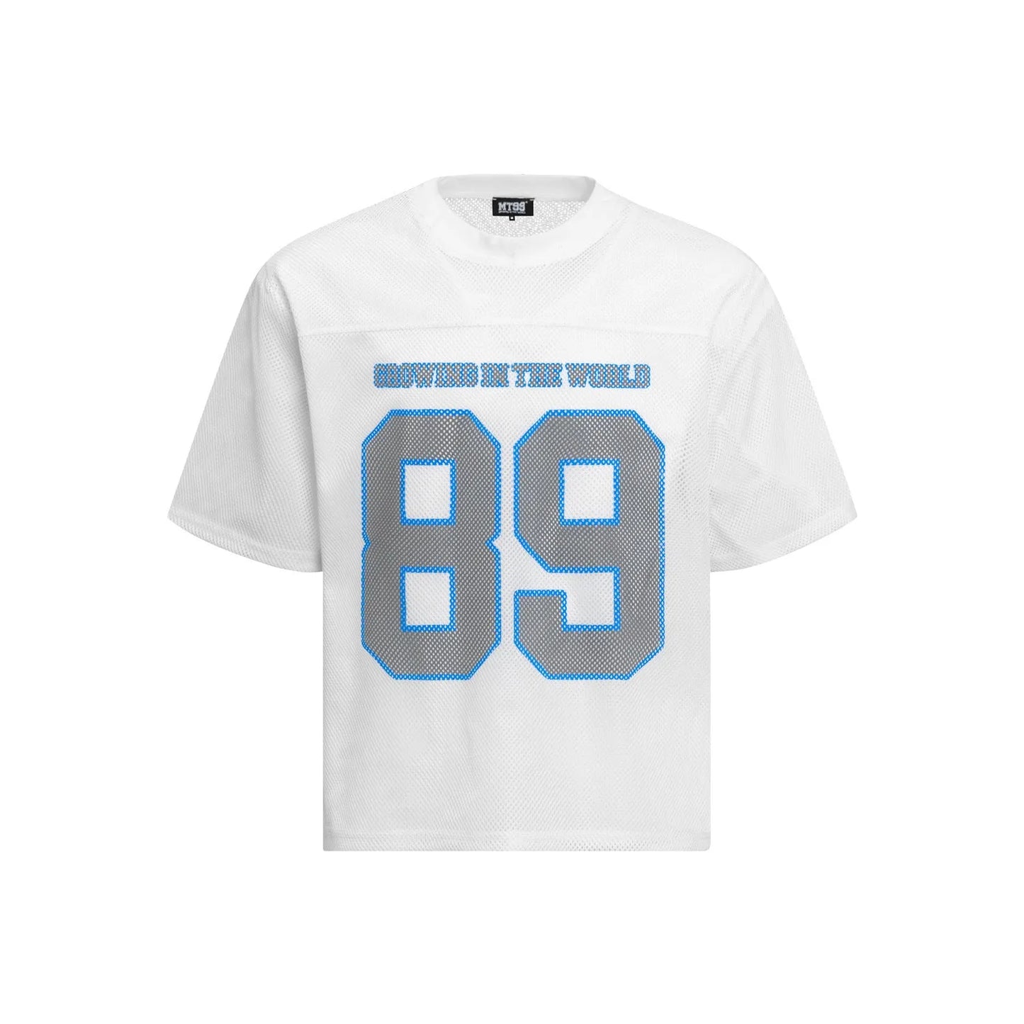 Black loose-fit casual T-shirt with white alphanumeric graphic printing on the front.