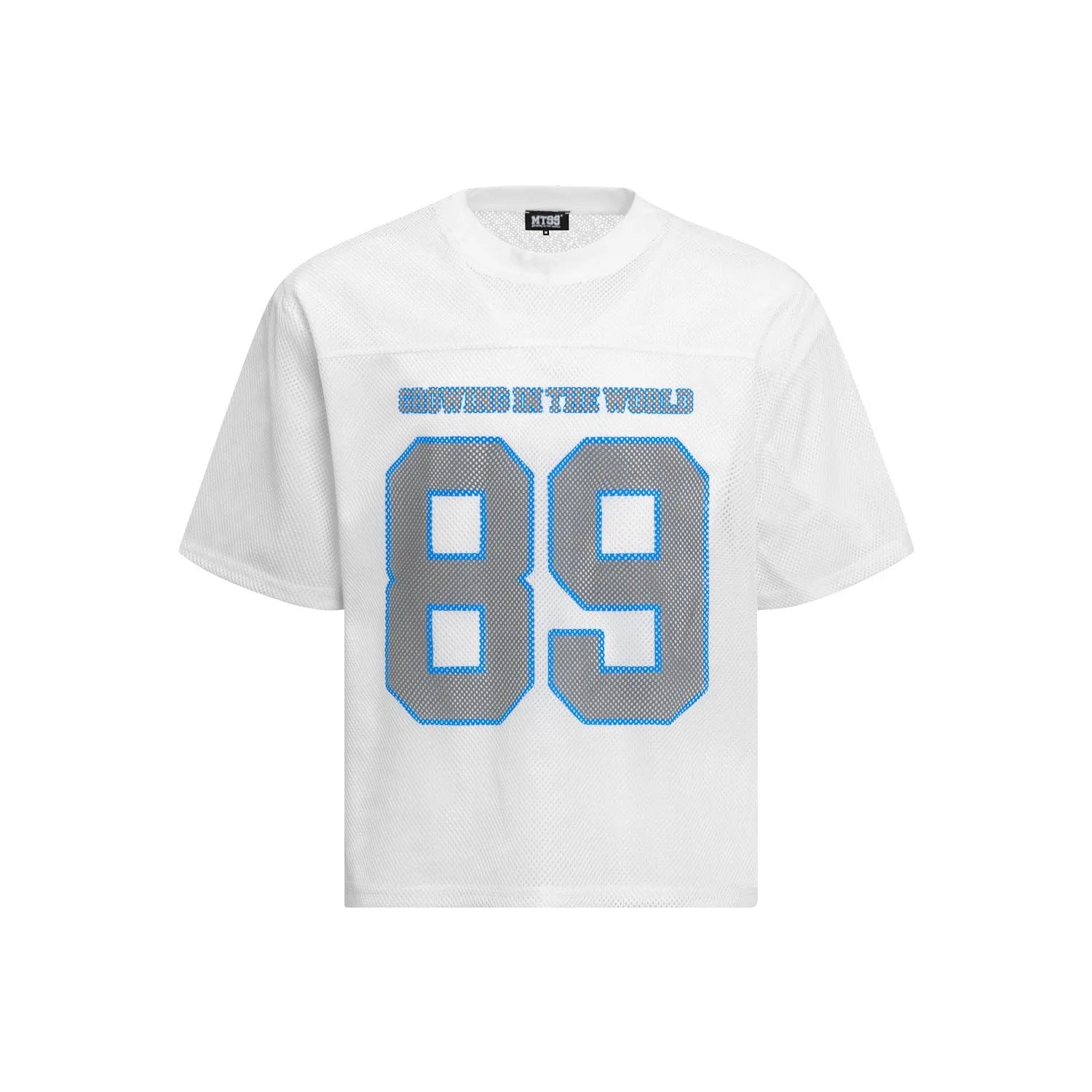 Black loose-fit casual T-shirt with white alphanumeric graphic printing on the front.