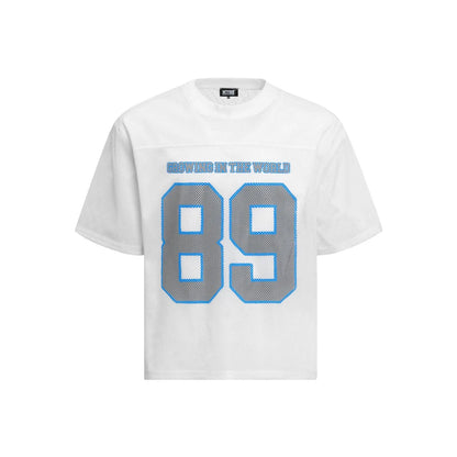 Black loose-fit casual T-shirt with white alphanumeric graphic printing on the front.