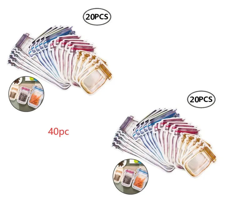 Red reusable self-sealing plastic bag for snacks with zipper closure, shown with biscuits.