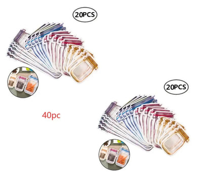 Red reusable self-sealing plastic bag for snacks with zipper closure, shown with biscuits.