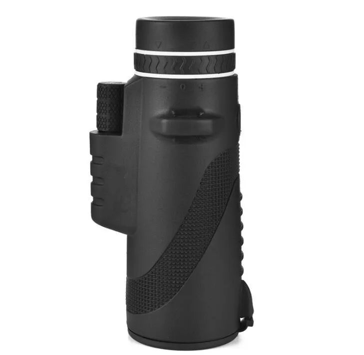 Black HD 40x60 monocular telescope with smartphone attached, showing 40x magnification and compact design.
