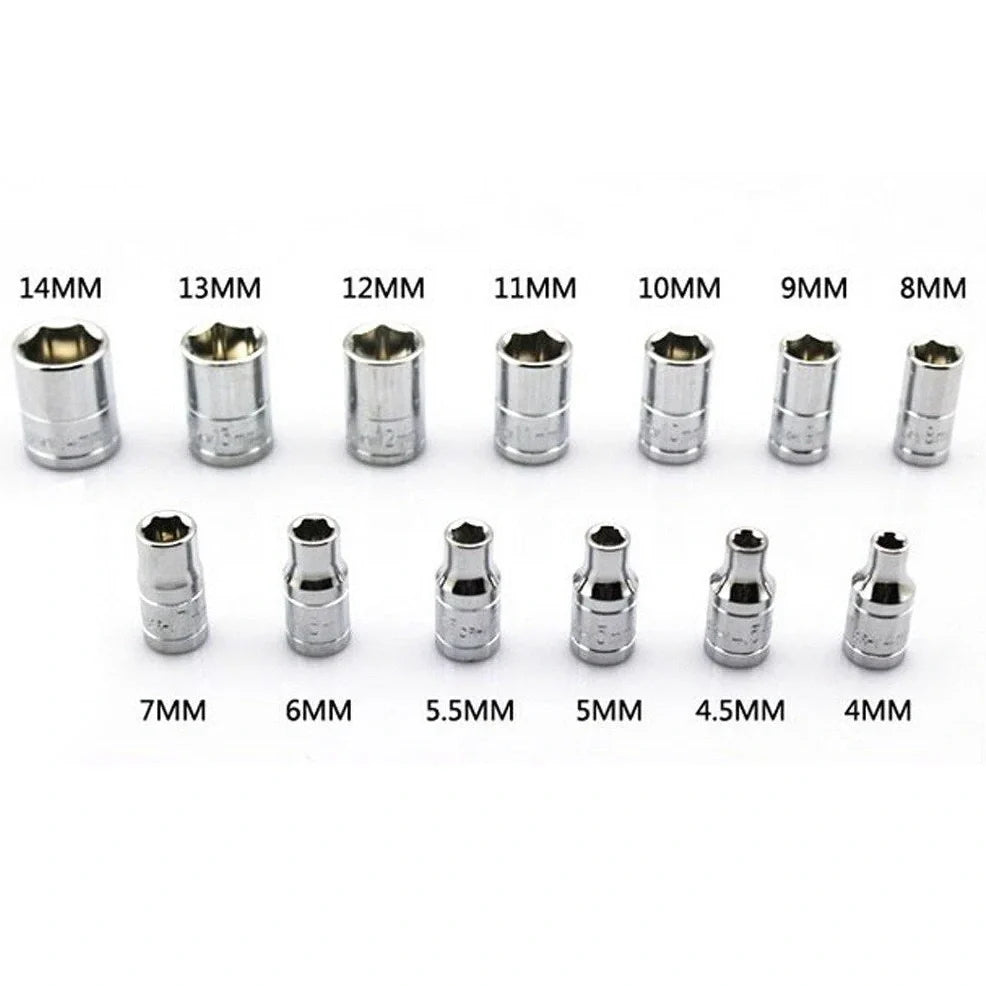 46 piece socket set with red case showing chrome vanadium steel sockets from 4mm-14mm and screwdriver bits