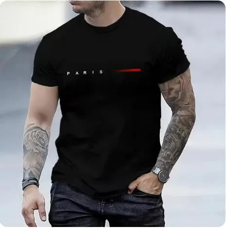 Men's slim fit 3D printed mesh top in a light colour on a hanger, showing short sleeves and patterned fabric.