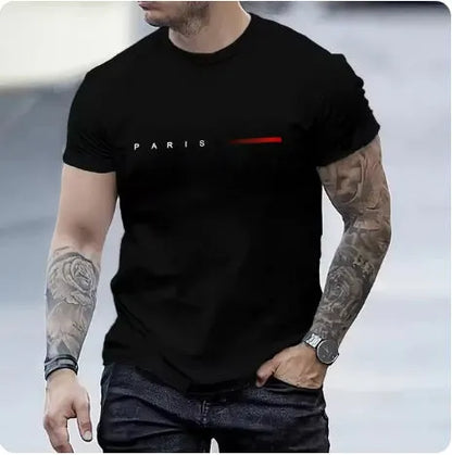 Men's slim fit 3D printed mesh top in a light colour on a hanger, showing short sleeves and patterned fabric.